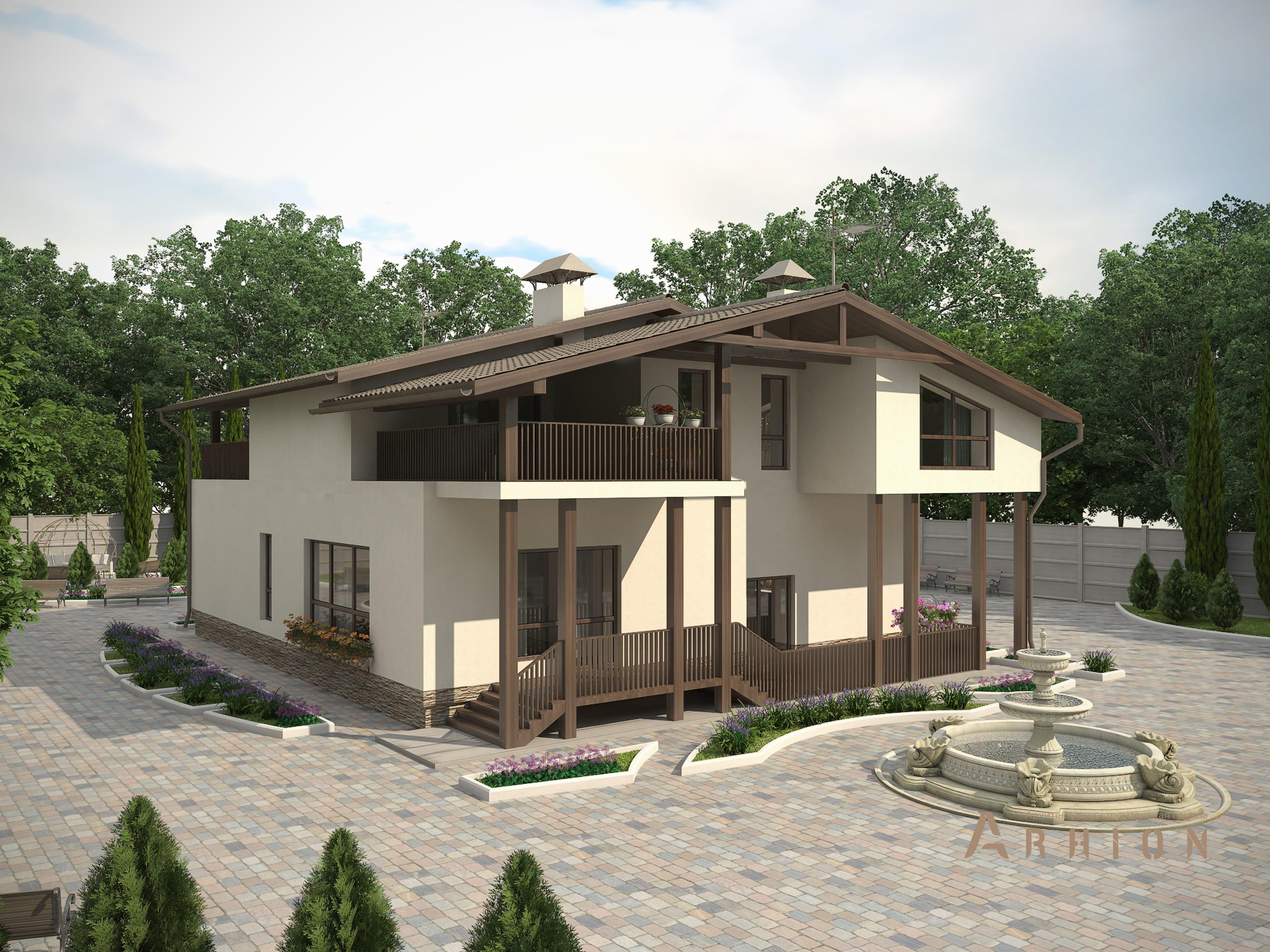 1. Проект одноэтажного дома в стиле шале с двускатной кровлей, M-50, площадью - 287 кв c мансардой, сауной, терассой, балконом