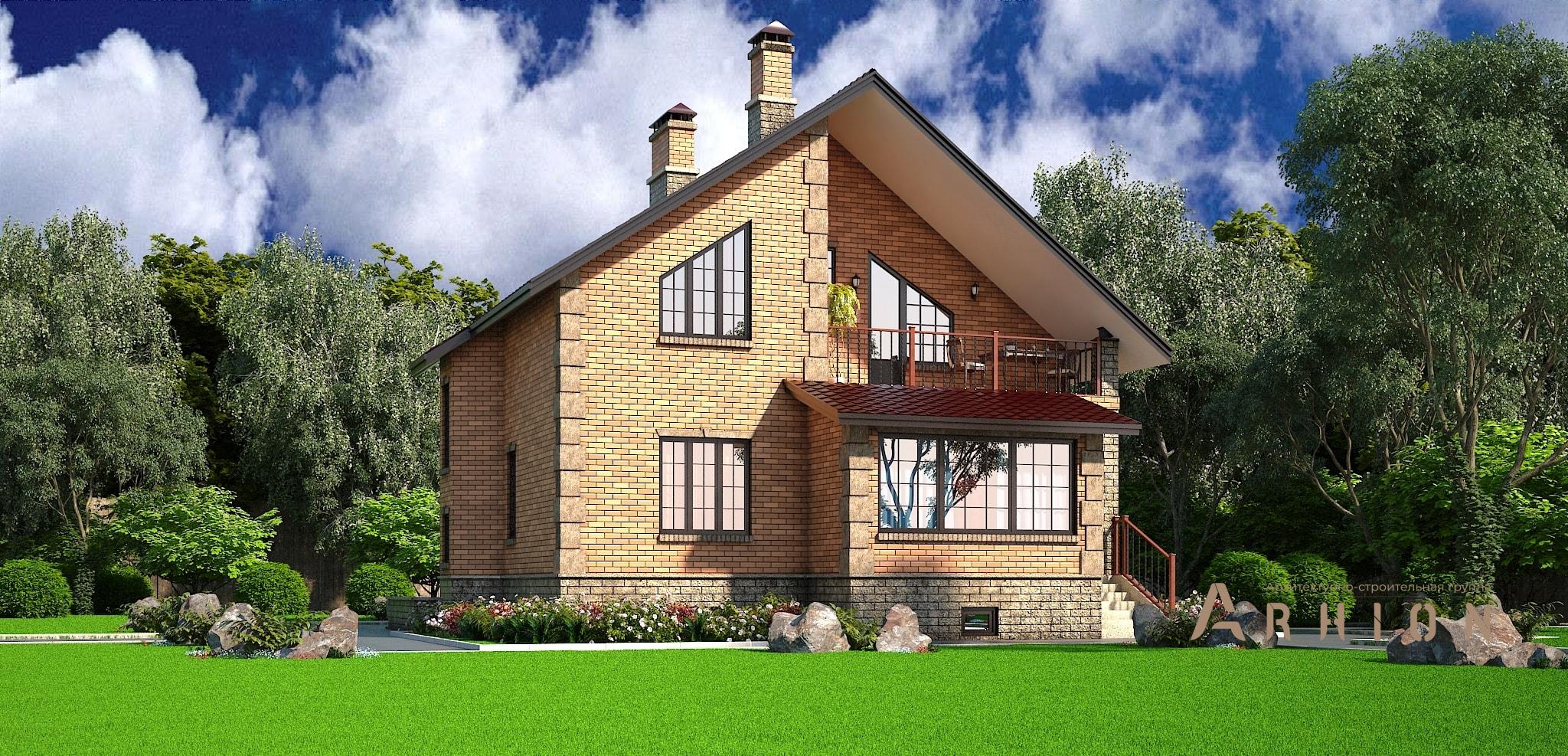 3. Проект двухэтажного дома в европейском стиле с двускатной кровлей, M-57, площадью - 303 кв c цокольным этажом, терассой, балконом, эркером