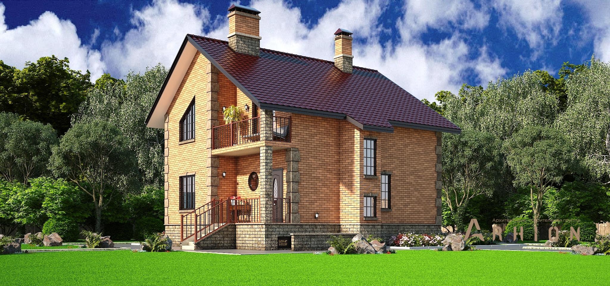 2. Проект двухэтажного дома в европейском стиле с двускатной кровлей, M-57, площадью - 303 кв c цокольным этажом, терассой, балконом, эркером