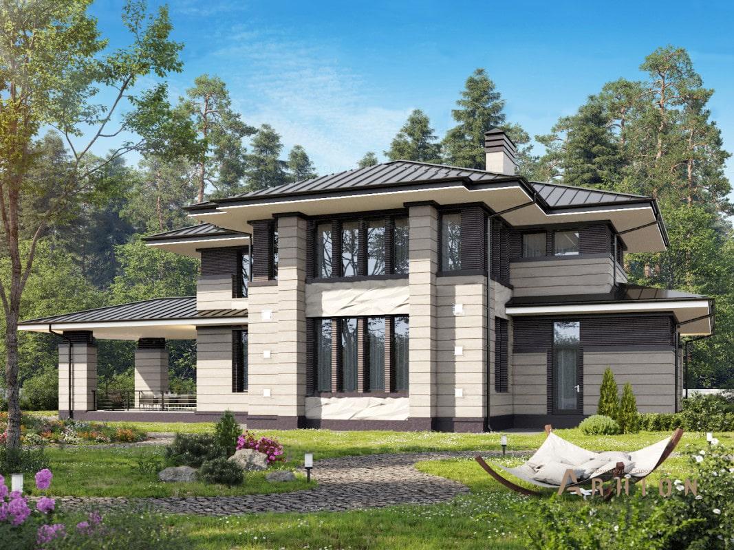 2. Проект двухэтажного дома в стиле Ллойда Райта (прерий) с четырехскатной, ML-282, площадью - 332 кв c терассой, балконом, гаражом