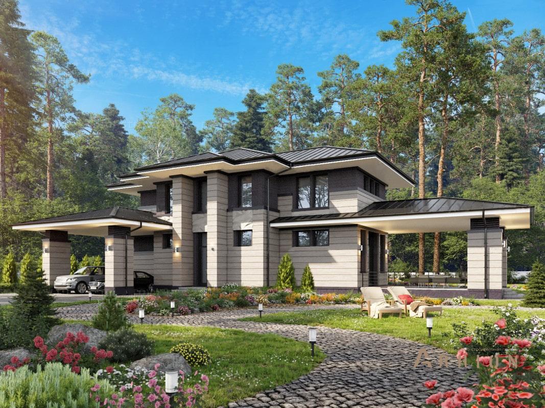 1. Проект двухэтажного дома в стиле Ллойда Райта (прерий) с четырехскатной, ML-282, площадью - 332 кв c терассой, балконом, гаражом