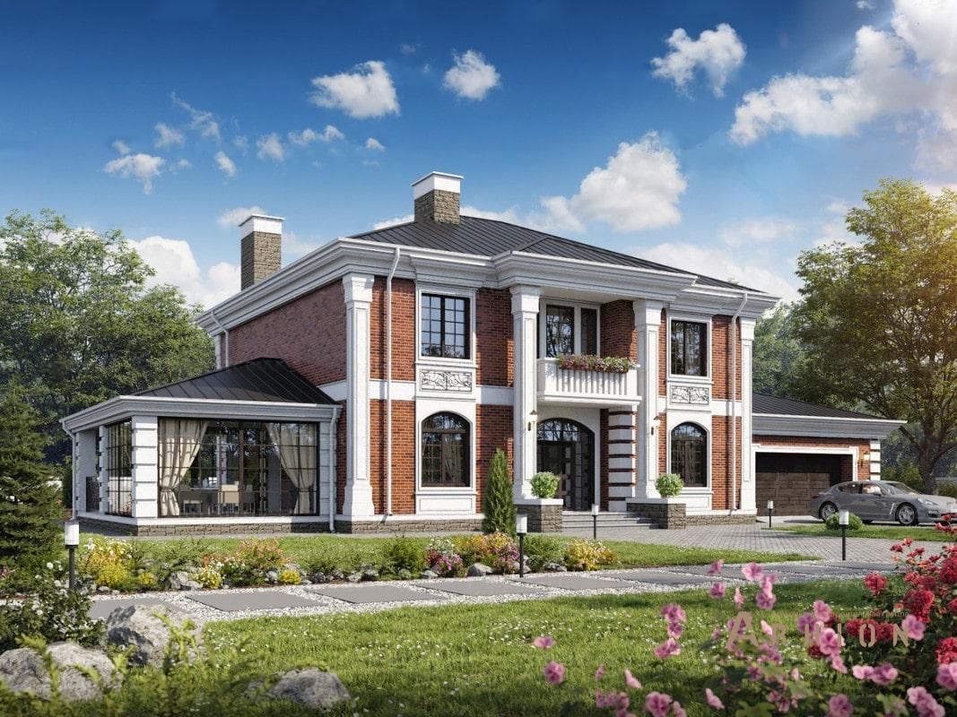 1. Проект двухэтажного дома в современном классическом стиле с четырехскатной, ML-324, площадью - 293 кв c терассой, балконом, гаражом, вторым светом