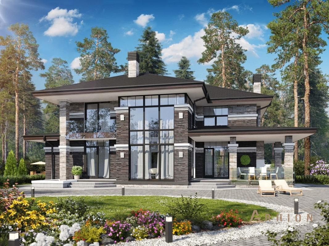 1. Проект двухэтажного дома в стиле Ллойда Райта (прерий) с четырехскатной, ML-328, площадью - 296 кв c сауной, терассой, балконом, гаражом, вторым светом