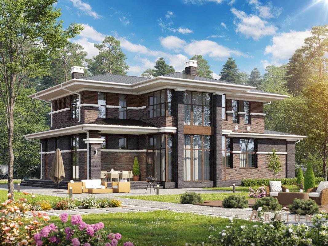 2. Проект двухэтажного дома в стиле Ллойда Райта (прерий) с четырехскатной, ML-352, площадью - 304 кв c терассой, гаражом, эркером, вторым светом