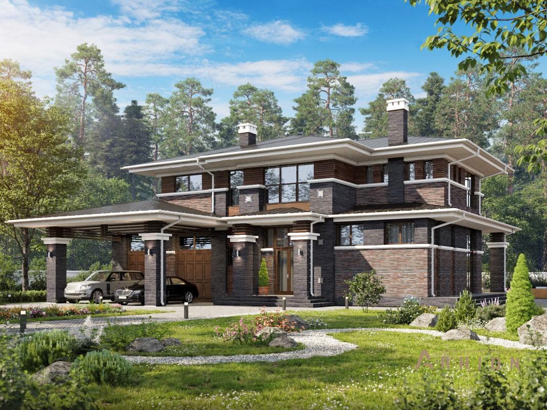 1. Проект двухэтажного дома в стиле Ллойда Райта (прерий) с четырехскатной, ML-352, площадью - 304 кв c терассой, гаражом, эркером, вторым светом