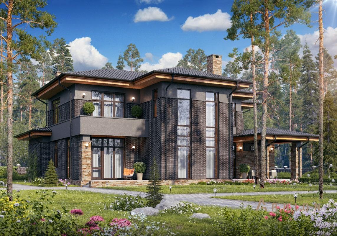 1. Проект двухэтажного дома в современном стиле с четырехскатной, ML-368, площадью - 359 кв c сауной, терассой, гаражом, эркером, вторым светом