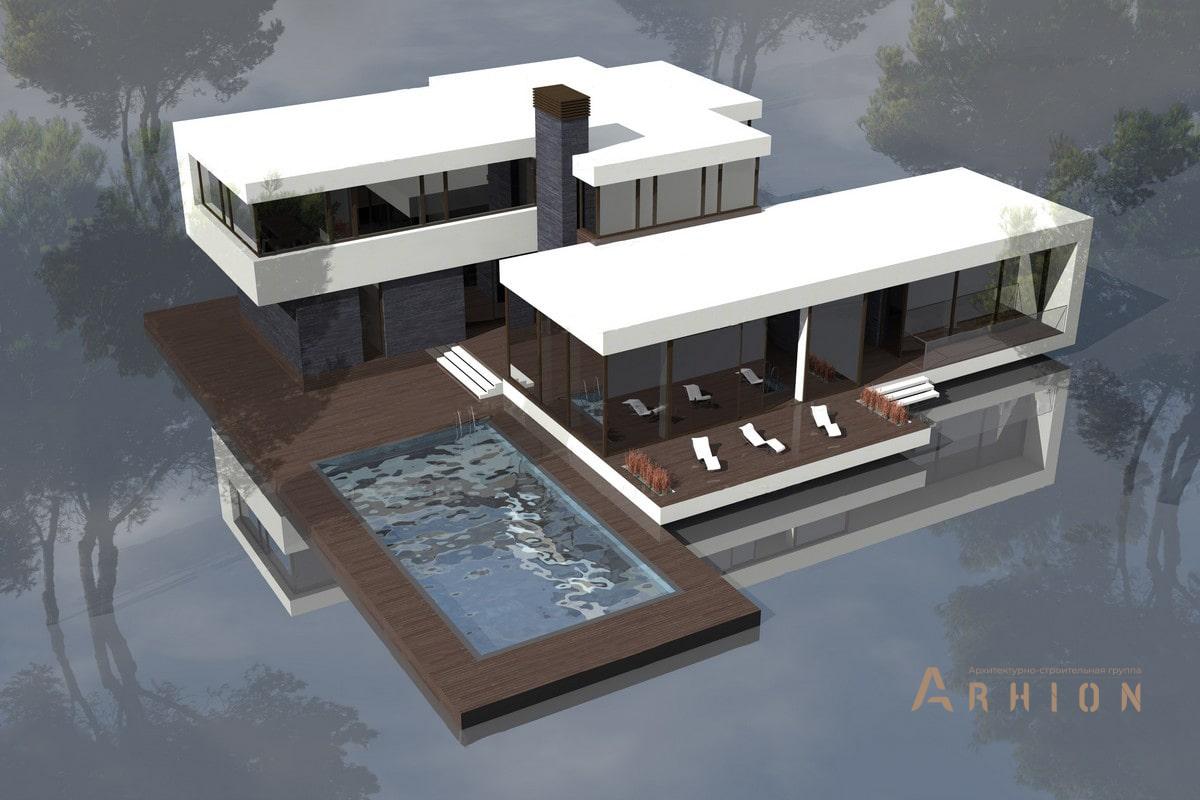 2. Проект двухэтажного дома в стиле минимализм с плоской кровлей , ML-400, площадью - 308 кв c терассой, балконом, бассейном