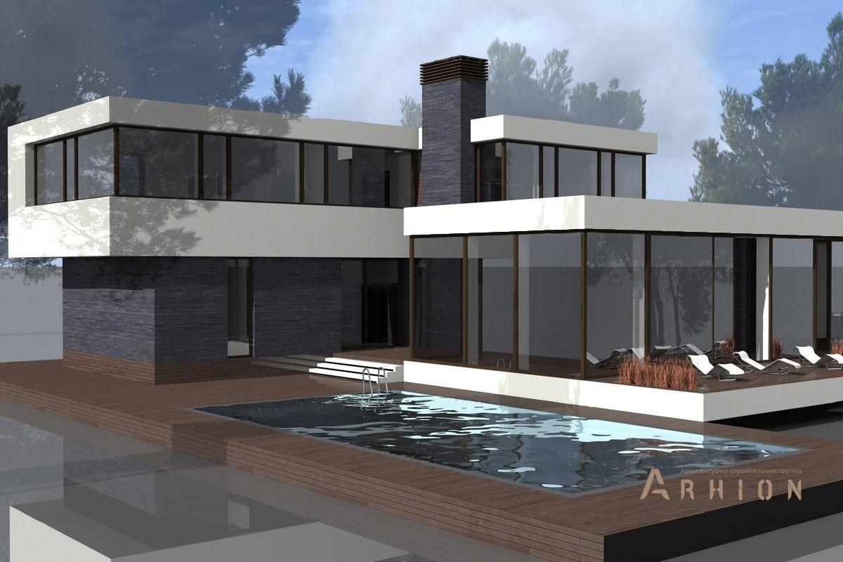 6. Проект двухэтажного дома в стиле минимализм с плоской кровлей , ML-400, площадью - 308 кв c терассой, балконом, бассейном