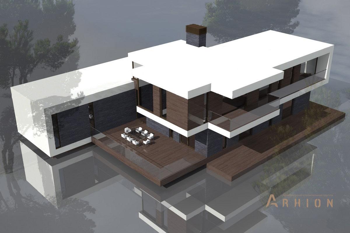 3. Проект двухэтажного дома в стиле минимализм с плоской кровлей , ML-400, площадью - 308 кв c терассой, балконом, бассейном