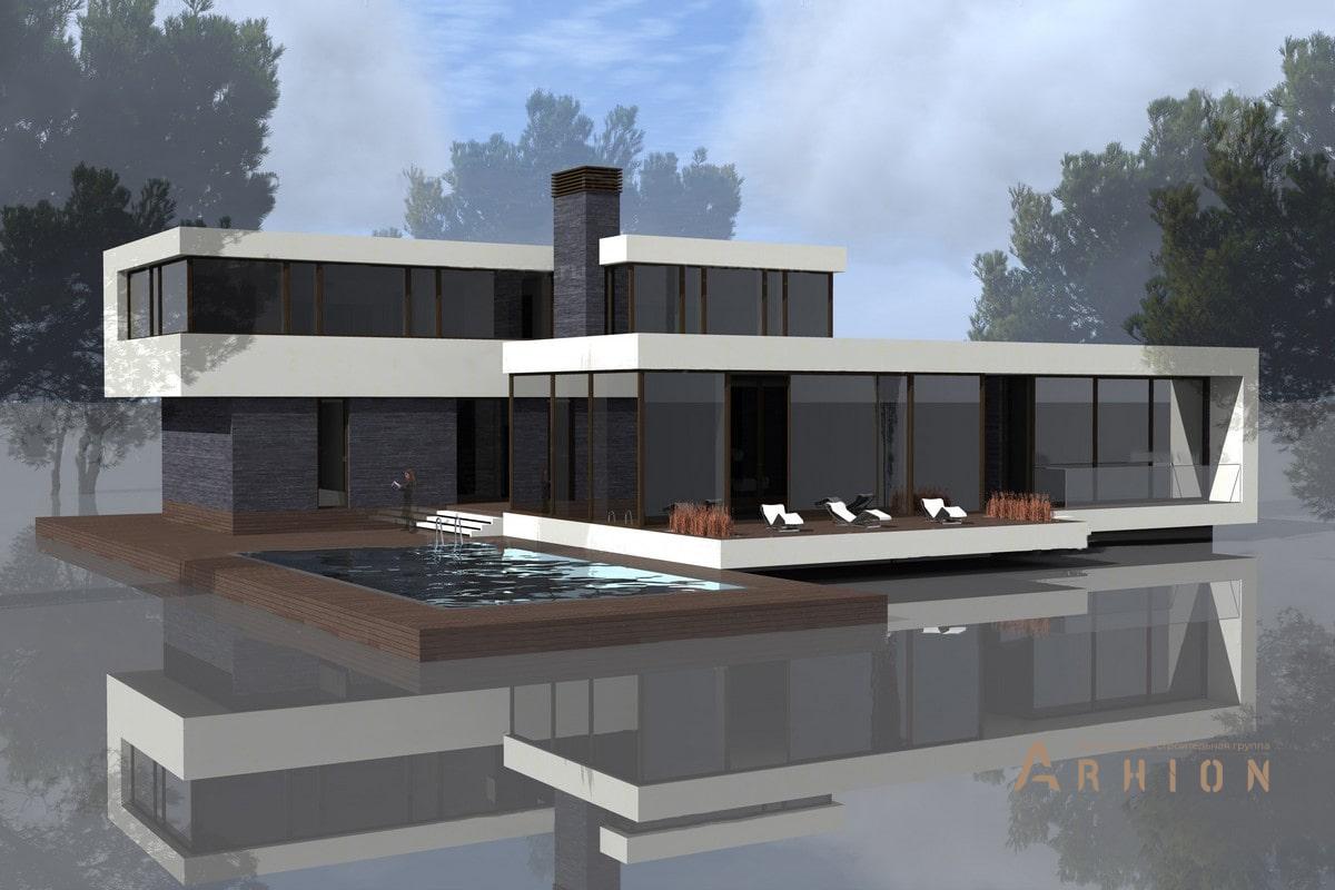 4. Проект двухэтажного дома в стиле минимализм с плоской кровлей , ML-400, площадью - 308 кв c терассой, балконом, бассейном