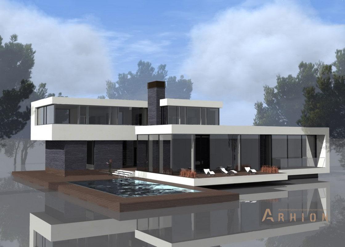 5. Проект двухэтажного дома в стиле минимализм с плоской кровлей , ML-400, площадью - 308 кв c терассой, балконом, бассейном