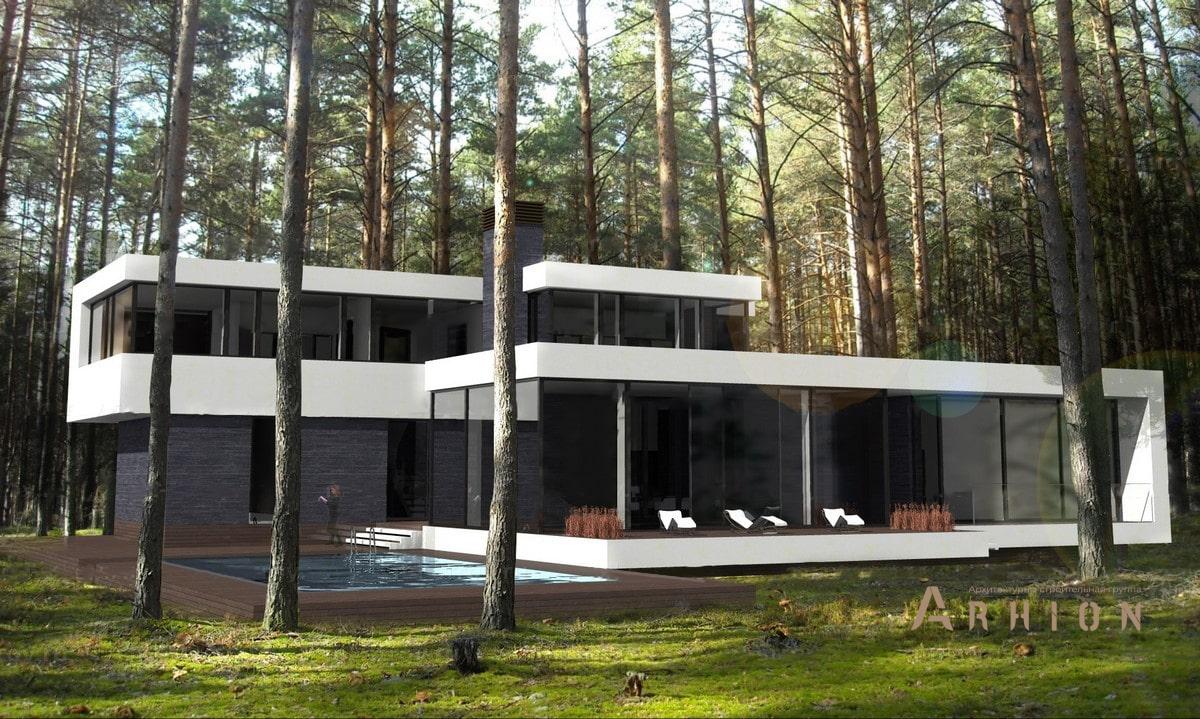 1. Проект двухэтажного дома в стиле минимализм с плоской кровлей , ML-400, площадью - 308 кв c терассой, балконом, бассейном