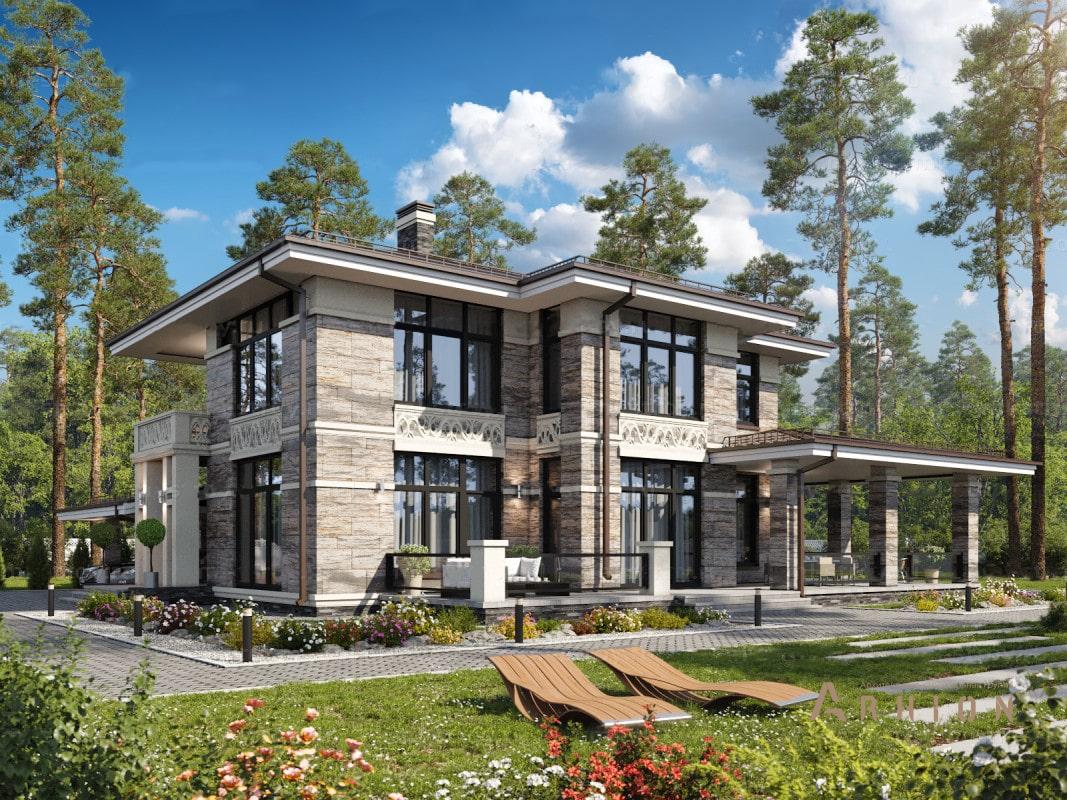 2. Проект двухэтажного дома в стиле Ллойда Райта (прерий) с четырехскатной, ML-404, площадью - 288 кв c терассой, балконом, гаражом, эркером