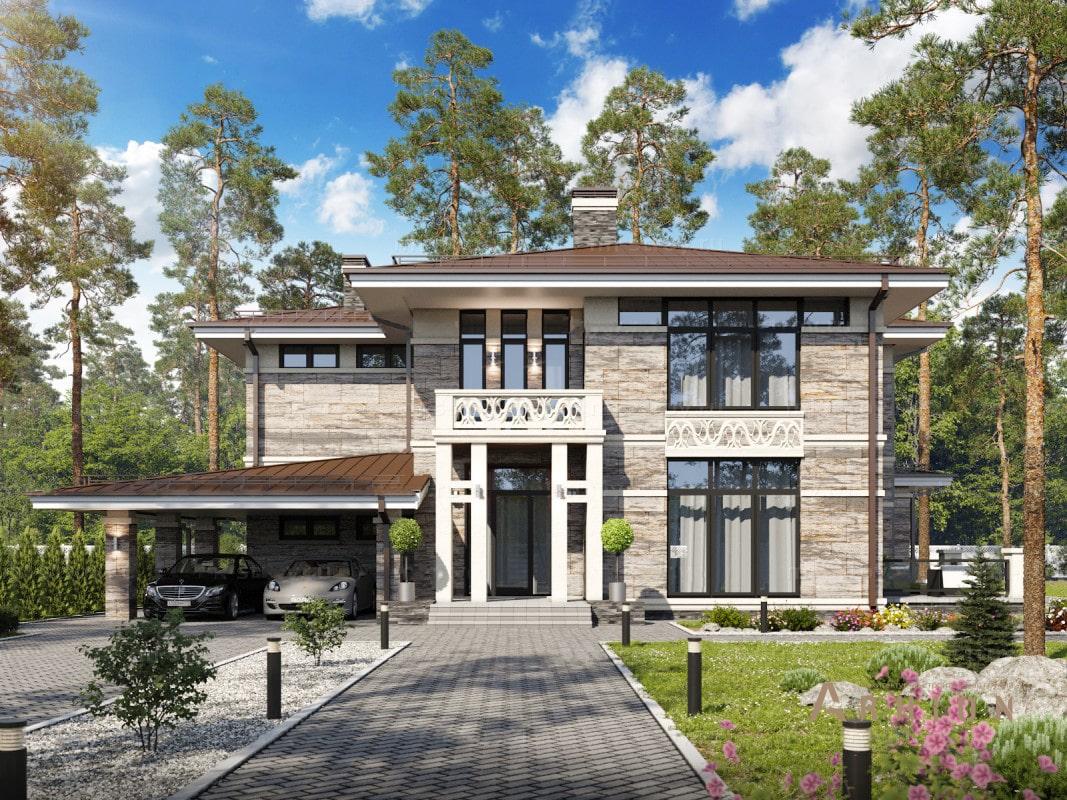 1. Проект двухэтажного дома в стиле Ллойда Райта (прерий) с четырехскатной, ML-404, площадью - 288 кв c терассой, балконом, гаражом, эркером