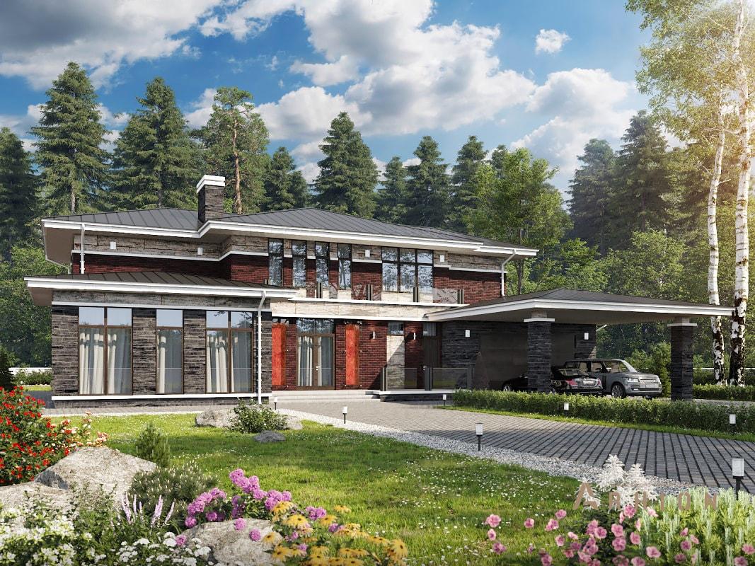 2. Проект двухэтажного дома в стиле Ллойда Райта (прерий) с многоскатной кровлей, ML-422, площадью - 422 кв c сауной, терассой, балконом, гаражом, бассейном, вторым светом