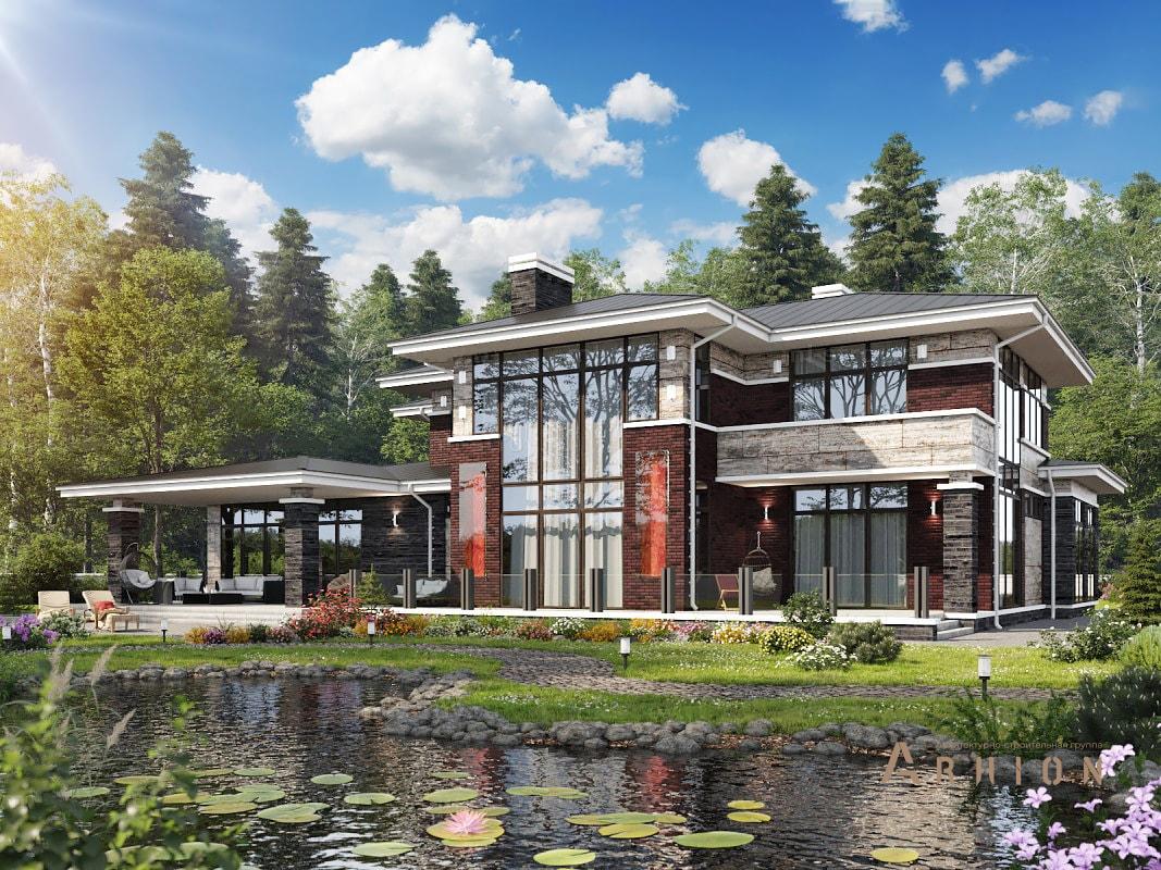 1. Проект двухэтажного дома в стиле Ллойда Райта (прерий) с многоскатной кровлей, ML-422, площадью - 422 кв c сауной, терассой, балконом, гаражом, бассейном, вторым светом