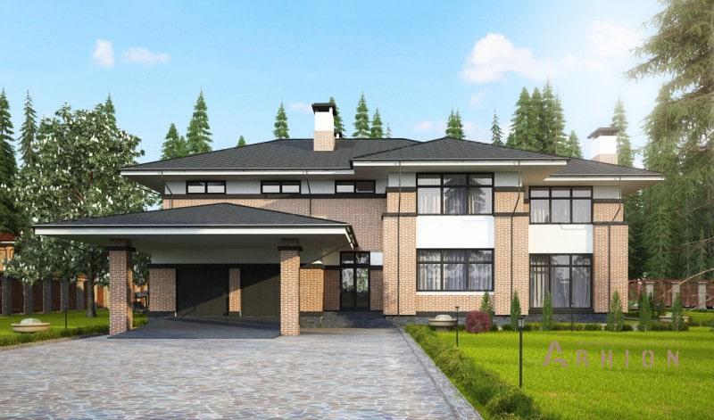 2. Проект двухэтажного дома в стиле Ллойда Райта (прерий) с многоскатной кровлей, ML-454, площадью - 405 кв c терассой, гаражом