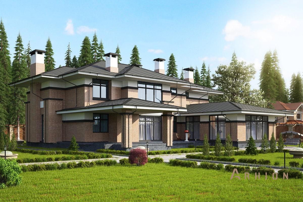 1. Проект двухэтажного дома в стиле Ллойда Райта (прерий) с многоскатной кровлей, ML-454, площадью - 405 кв c терассой, гаражом