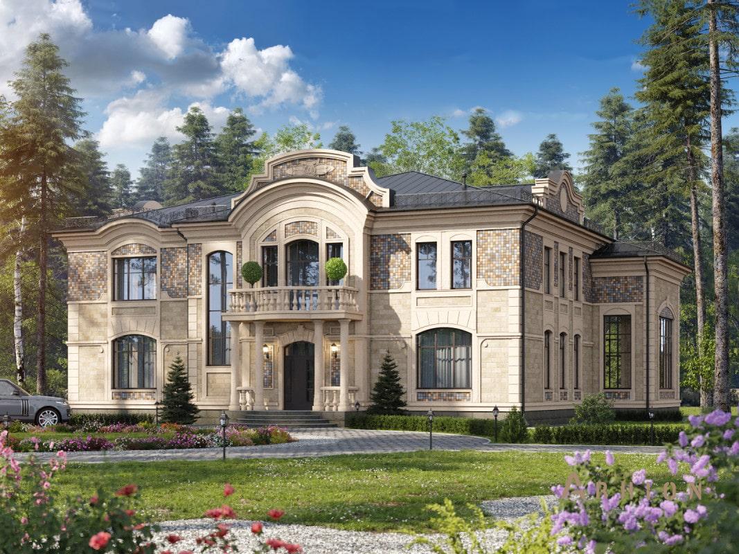 1. Проект двухэтажного дома в современном классическом стиле с многоскатной кровлей, ML-468, площадью - 524 кв c терассой, балконом, вторым светом