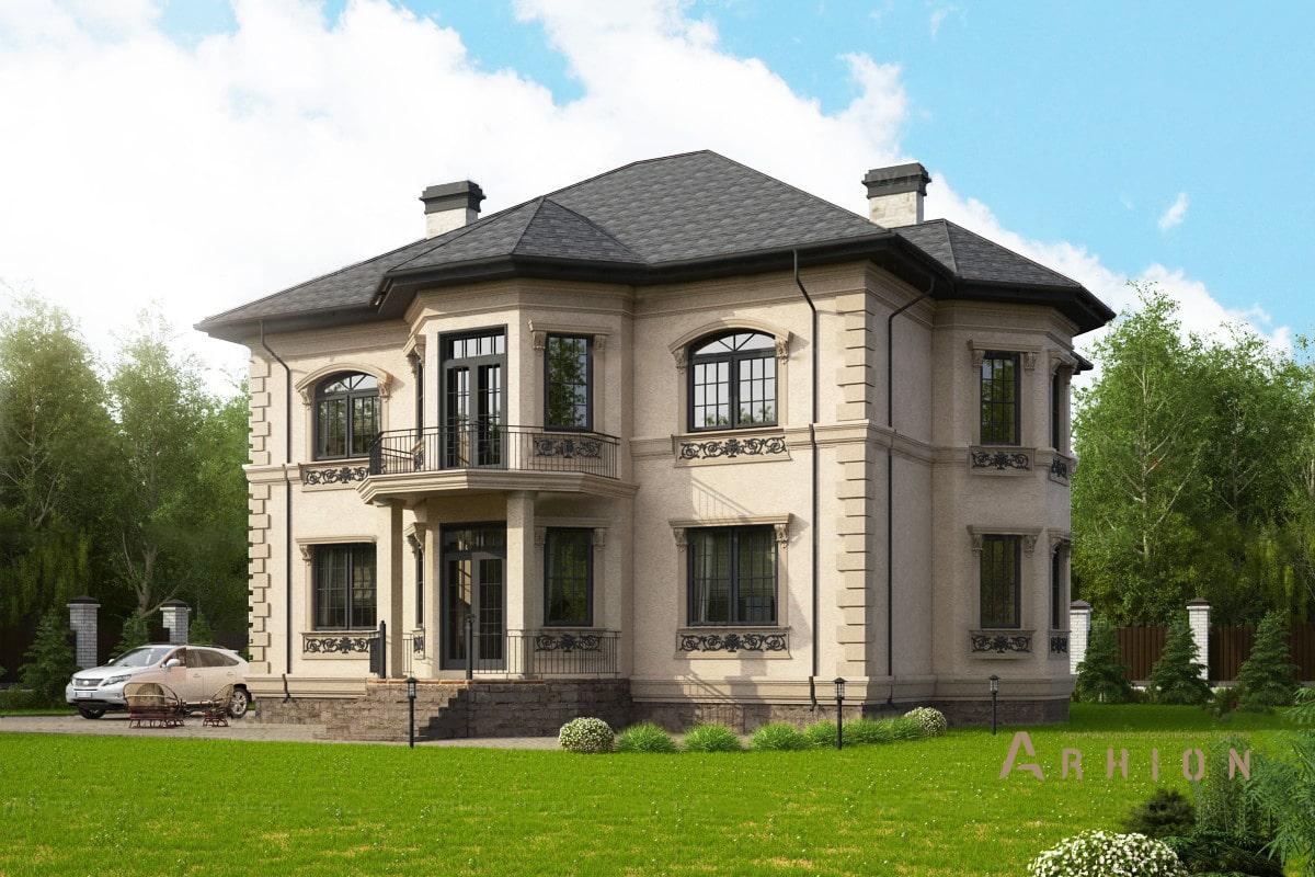 1. Проект двухэтажного дома в современном классическом стиле с многоскатной кровлей, ML-502, площадью - 290 кв c цокольным этажом, мансардой, балконом