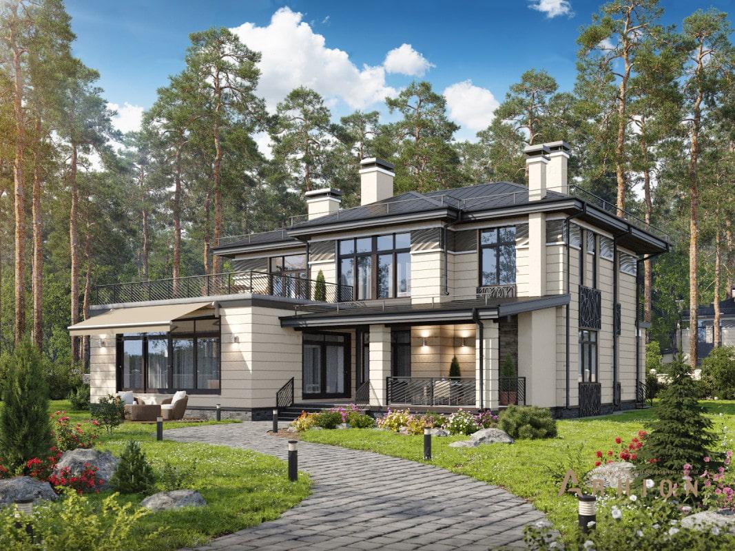 1. Проект двухэтажного дома в современном стиле с четырехскатной, ML-514, площадью - 440 кв c цокольным этажом, сауной, терассой, балконом, бассейном