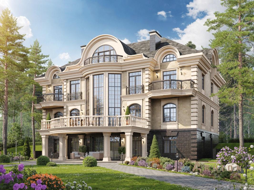 2. Проект двухэтажного дома в классическом стиле с многоскатной кровлей, ML-607, площадью - 744 кв c цокольным этажом, мансардой, балконом