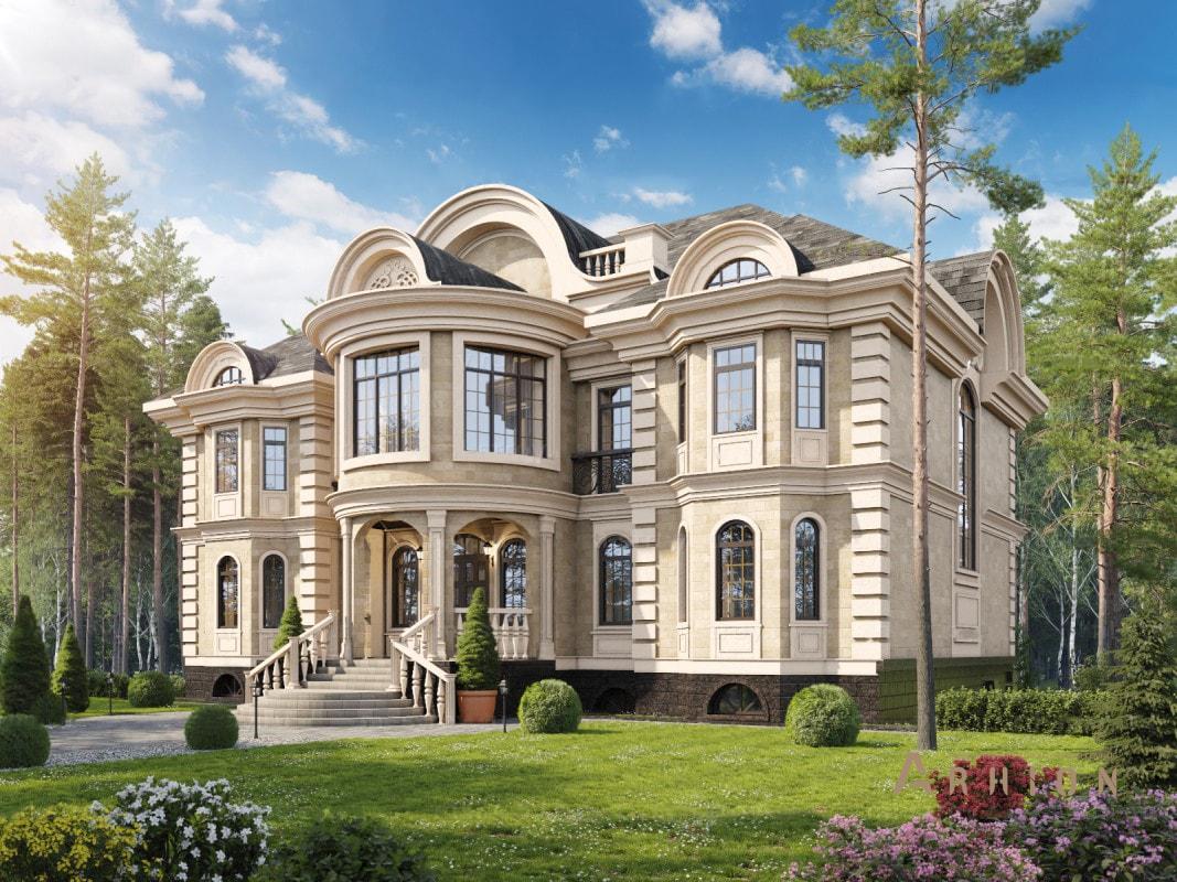 1. Проект двухэтажного дома в классическом стиле с многоскатной кровлей, ML-607, площадью - 744 кв c цокольным этажом, мансардой, балконом