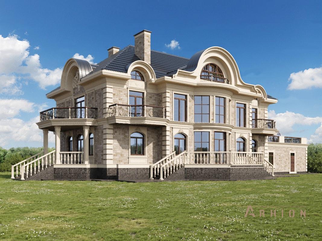 3. Проект двухэтажного дома в стиле модерн с многоскатной кровлей, ML-722, площадью - 920 кв c цокольным этажом, мансардой, терассой, балконом, гаражом, эркером, вторым светом