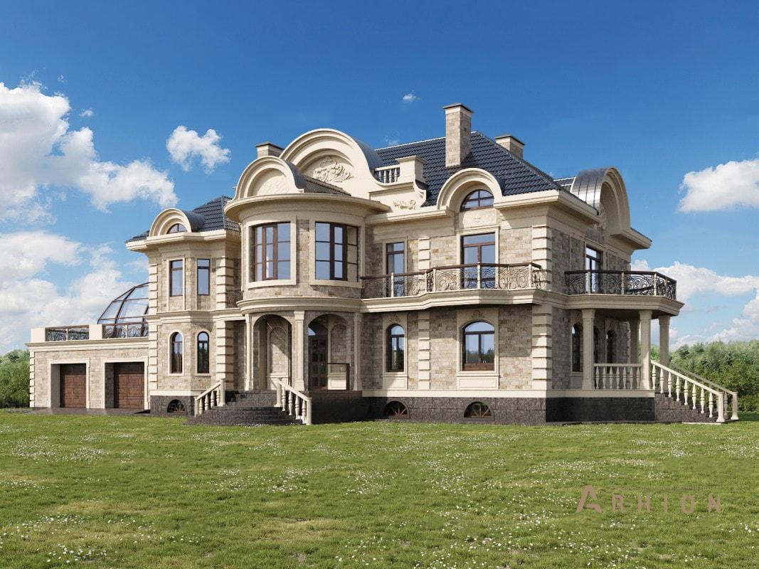 2. Проект двухэтажного дома в стиле модерн с многоскатной кровлей, ML-722, площадью - 920 кв c цокольным этажом, мансардой, терассой, балконом, гаражом, эркером, вторым светом