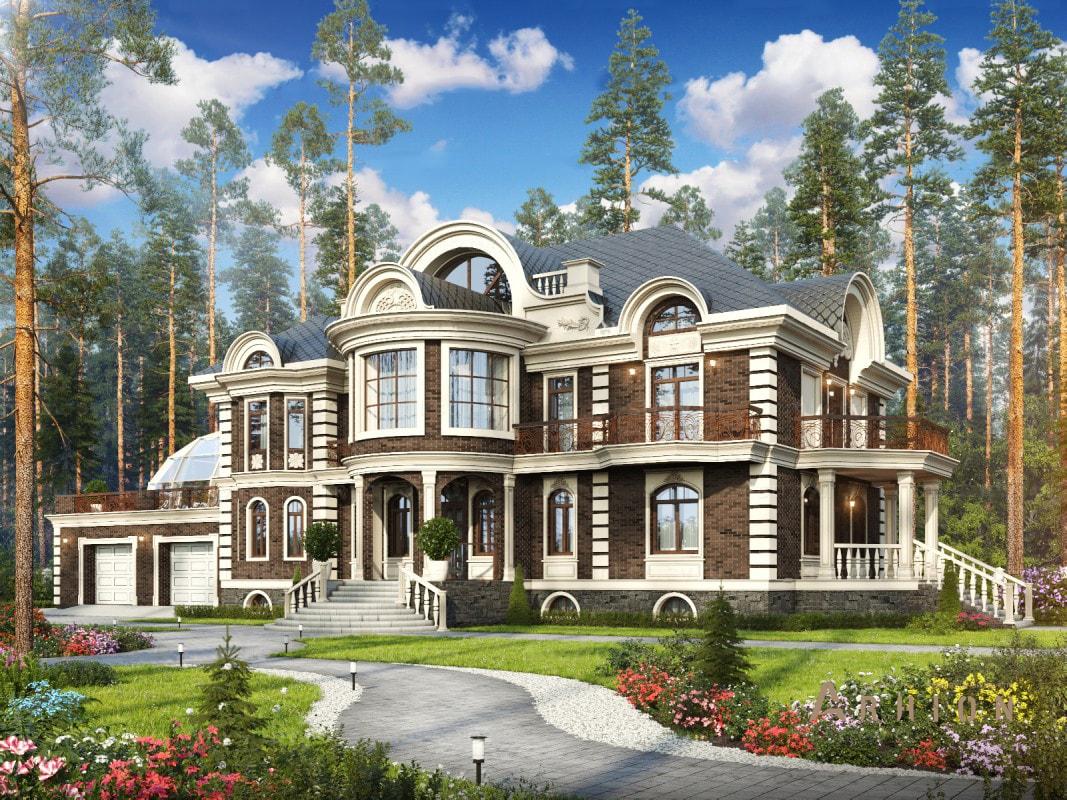 1. Проект двухэтажного дома в стиле модерн с многоскатной кровлей, ML-722, площадью - 920 кв c цокольным этажом, мансардой, терассой, балконом, гаражом, эркером, вторым светом