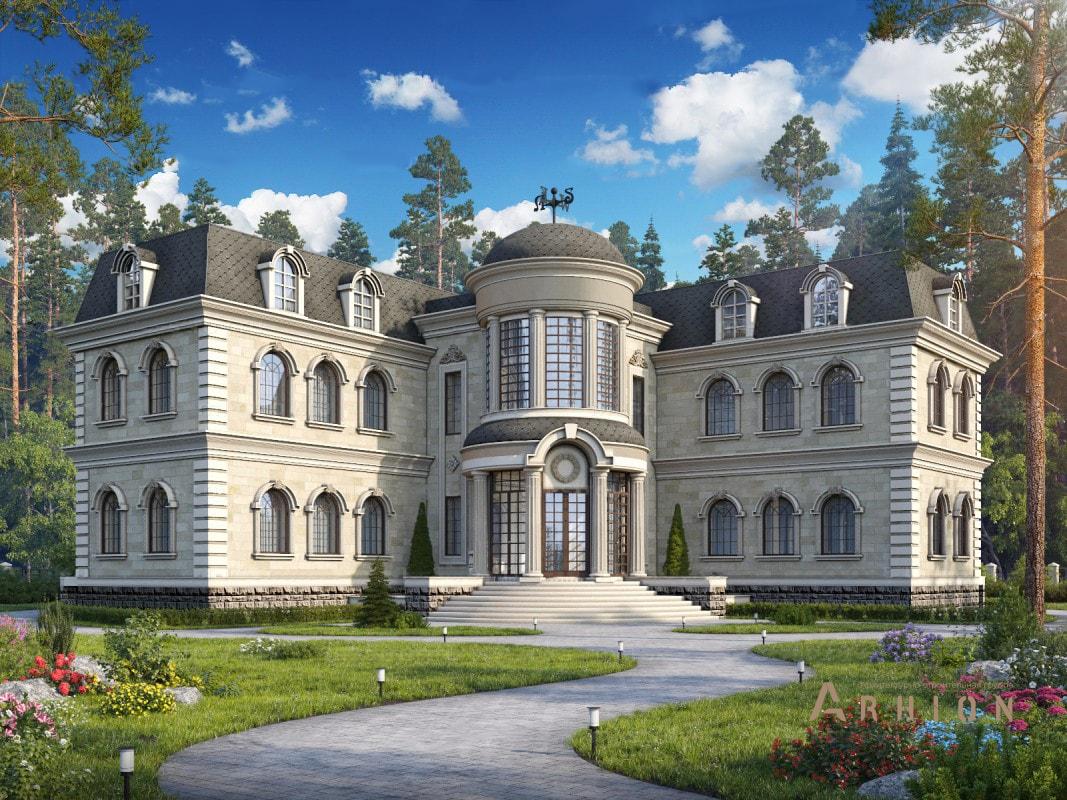 1. Проект двухэтажного дома в замковом стиле с многоскатной кровлей, ML-817, площадью - 700 кв c мансардой, терассой