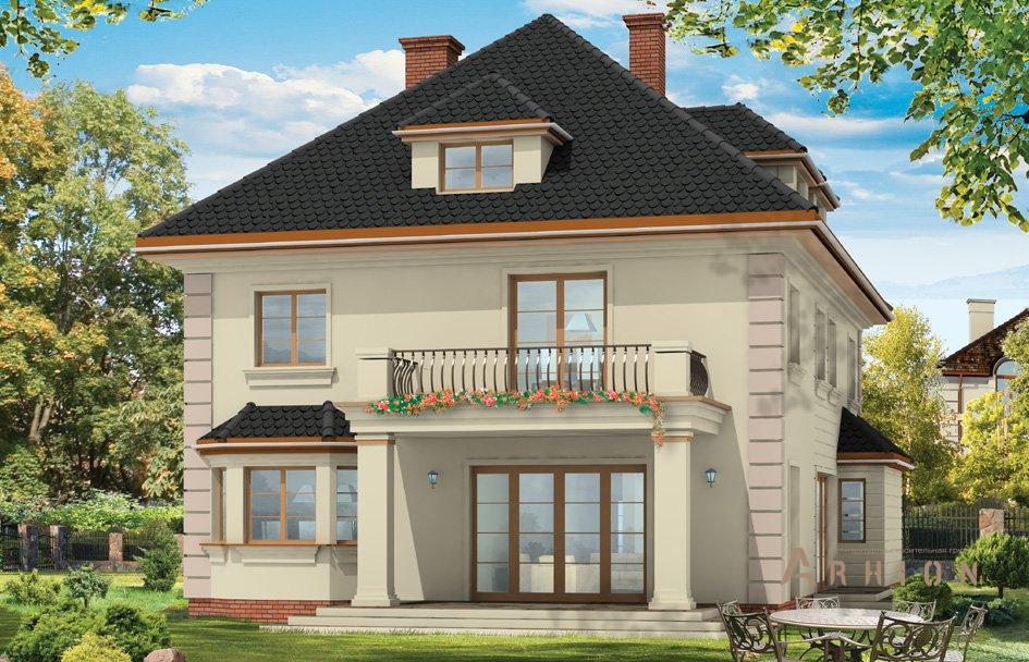 6. Проект одноэтажного дома в классическом стиле с четырехскатной, mp-001, площадью - 414 кв c мансардой, терассой, балконом, гаражом, эркером