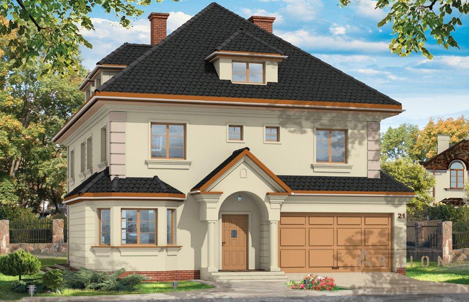 1. Проект одноэтажного дома в классическом стиле с четырехскатной, mp-001, площадью - 414 кв c мансардой, терассой, балконом, гаражом, эркером