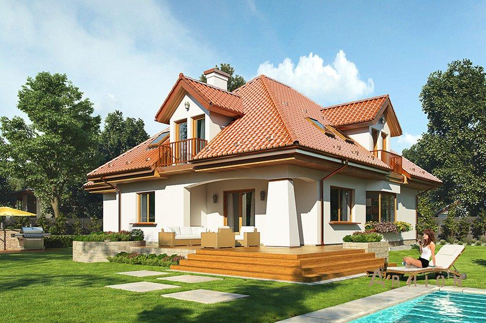 2. Проект одноэтажного дома в прованском стиле с четырехскатной, mp-006, площадью - 309 кв c мансардой, терассой, балконом, гаражом, эркером