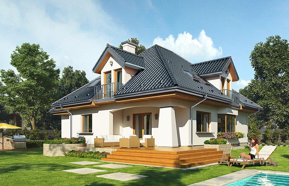 2. Проект одноэтажного дома в европейском стиле с четырехскатной, mp-007, площадью - 309 кв c мансардой, терассой, балконом, гаражом, эркером