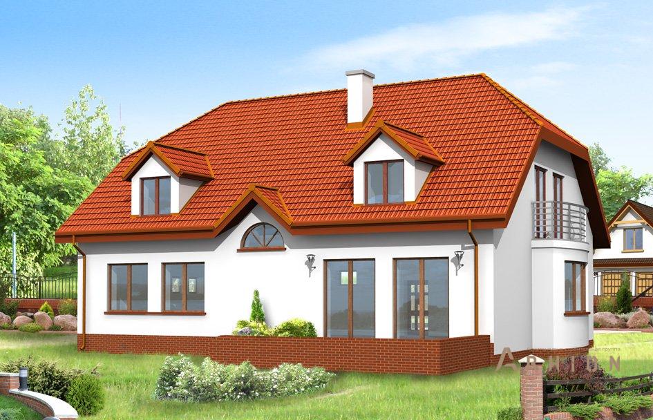 2. Проект одноэтажного дома в европейском стиле с двускатной кровлей, mp-009, площадью - 262 кв c мансардой, терассой, балконом, гаражом, эркером