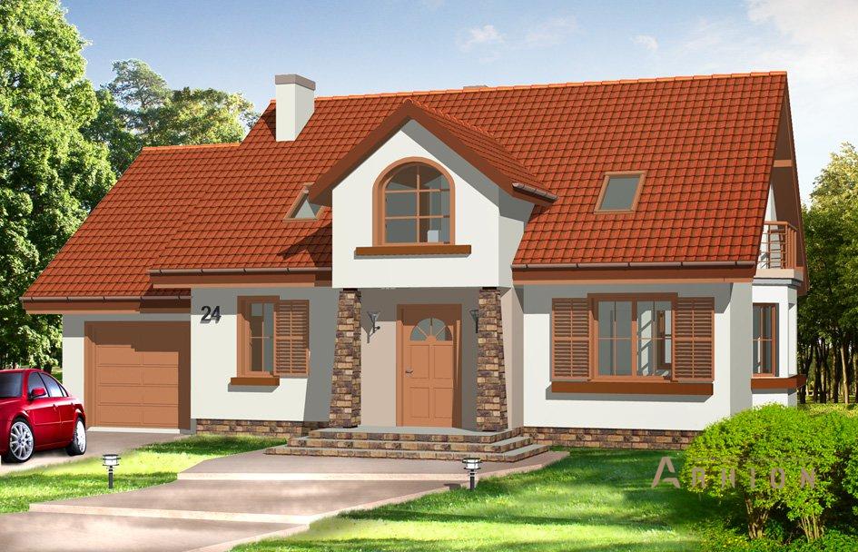 1. Проект одноэтажного дома в прованском стиле с двускатной кровлей, mp-012, площадью - 232 кв c мансардой, терассой, гаражом, эркером