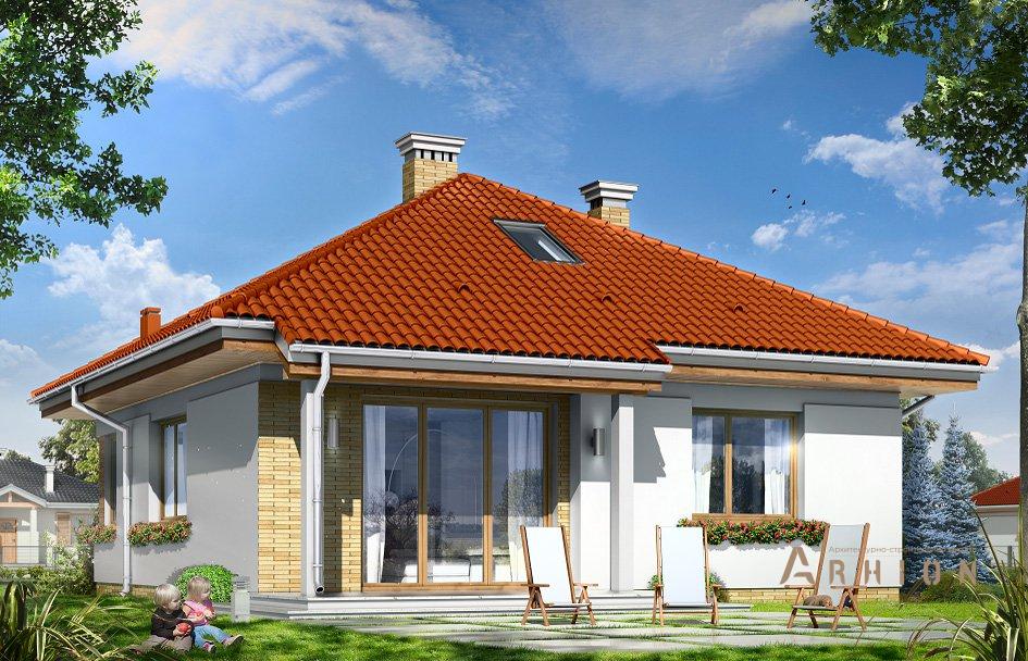 10. Проект одноэтажного дома в европейском стиле с многоскатной кровлей, mp-035, площадью - 85 кв c мансардой, терассой