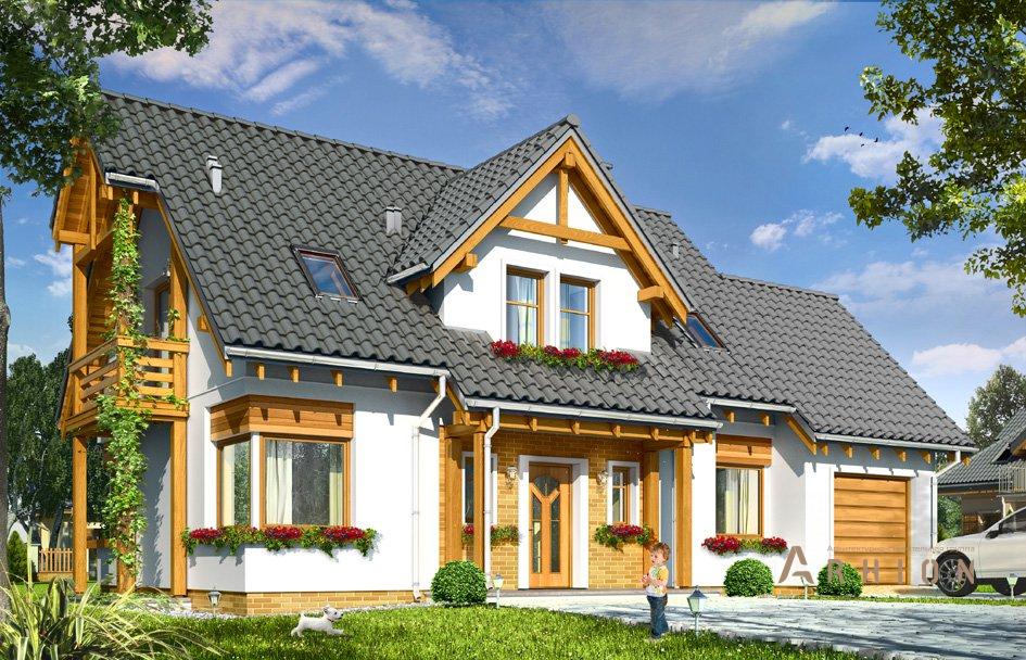 2. Проект одноэтажного дома в прованском стиле с двускатной кровлей, mp-036, площадью - 201 кв c мансардой, терассой, балконом, гаражом