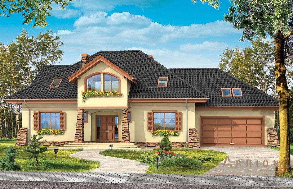 1. Проект одноэтажного дома в прованском стиле с многоскатной кровлей, mp-041, площадью - 362 кв c мансардой, терассой, балконом, гаражом, эркером