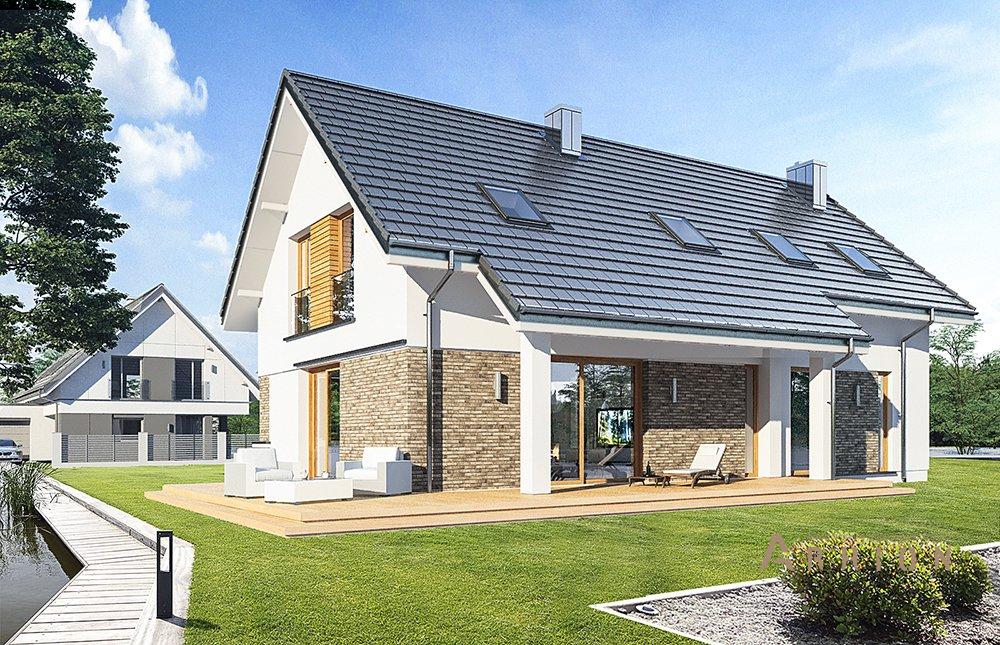 1. Проект одноэтажного дома в европейском стиле с двускатной кровлей, mp-043, площадью - 214 кв c мансардой, терассой, гаражом