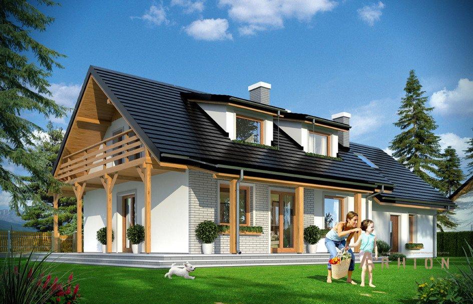 2. Проект одноэтажного дома в европейском стиле с двускатной кровлей, mp-053, площадью - 223 кв c мансардой, терассой, балконом, гаражом