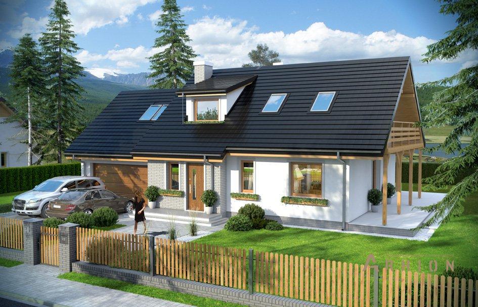 1. Проект одноэтажного дома в европейском стиле с двускатной кровлей, mp-053, площадью - 223 кв c мансардой, терассой, балконом, гаражом