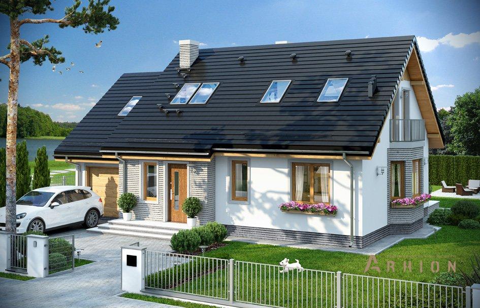 1. Проект одноэтажного дома в европейском стиле с двускатной кровлей, mp-054, площадью - 190 кв c мансардой, терассой, балконом, гаражом, эркером