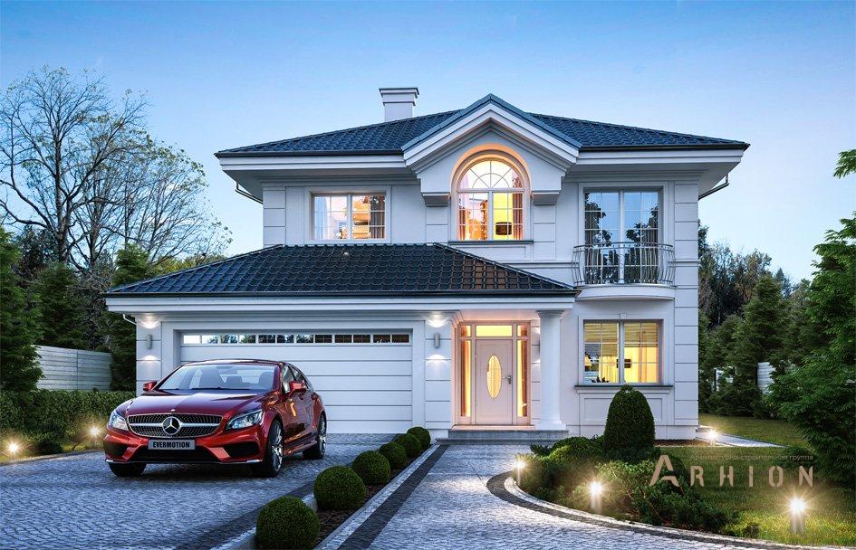 1. Проект двухэтажного дома в современном классическом стиле с четырехскатной, mp-056, площадью - 224 кв c терассой, балконом, гаражом, эркером