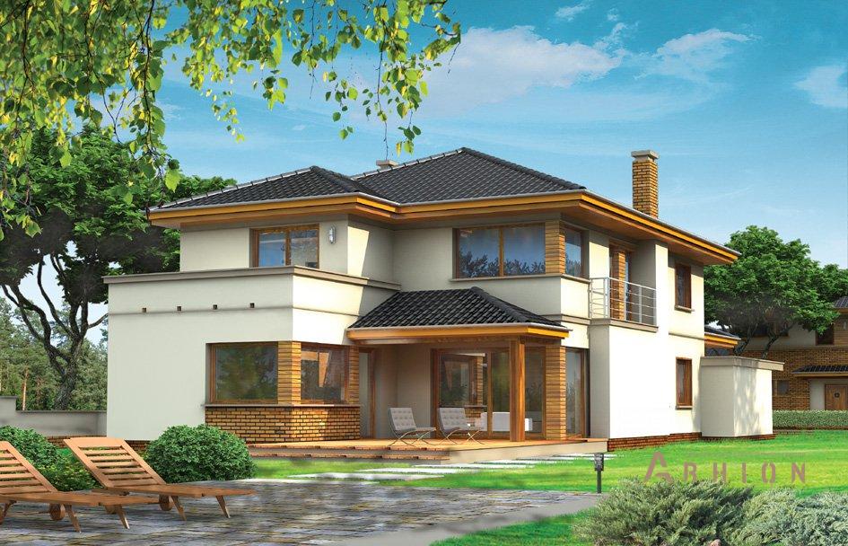 2. Проект двухэтажного дома в стиле Ллойда Райта (прерий) с четырехскатной, mp-058, площадью - 332 кв c терассой, балконом, гаражом