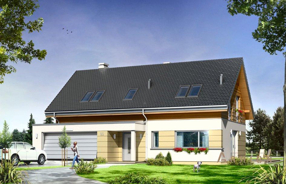 1. Проект одноэтажного дома в европейском стиле с двускатной кровлей, mp-063, площадью - 219 кв c мансардой, терассой, гаражом