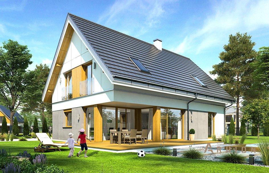 4. Проект одноэтажного дома в европейском стиле с двускатной кровлей, mp-064, площадью - 240 кв c мансардой, терассой, гаражом