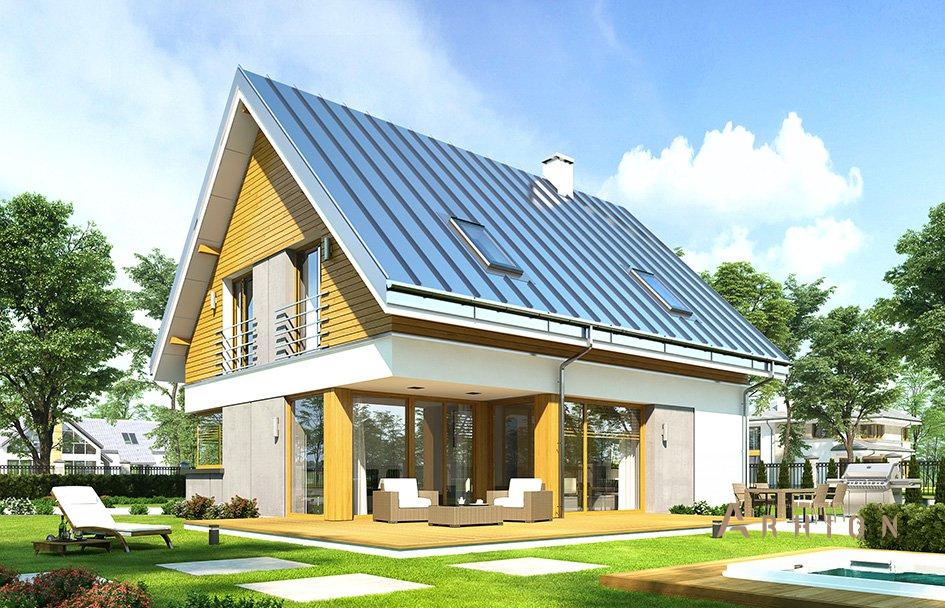 6. Проект одноэтажного дома в европейском стиле с двускатной кровлей, mp-065, площадью - 198 кв c мансардой, терассой, гаражом