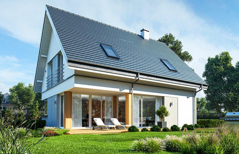 6. Проект одноэтажного дома в европейском стиле с двускатной кровлей, mp-066, площадью - 155 кв c мансардой, терассой